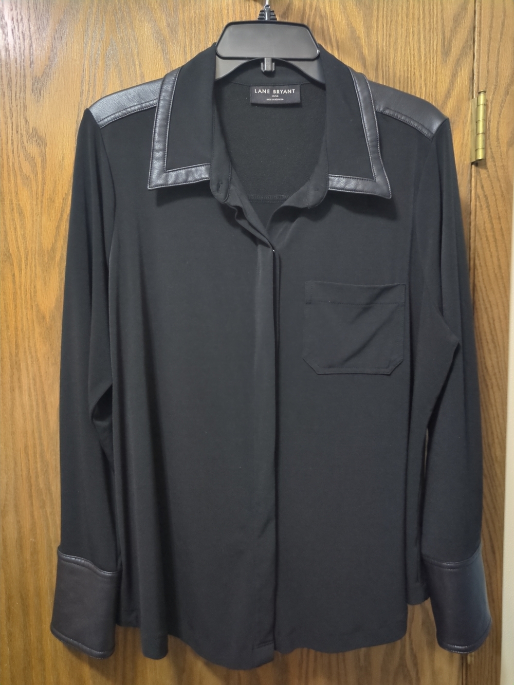 Lane Bryant Black Button-Front Shirt Jacket with Faux Leather Trim